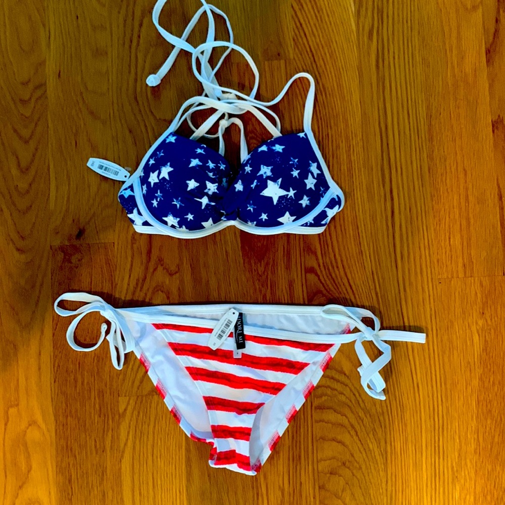 Adore Me American Flag Swimsuit, Bikini Top (34B), Bikini Bottom (S), NWT